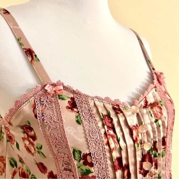 HONEY BUNCH Japanese satin lace pockets Rose Rompers pleated women’s size M Boho - Picture 2 of 9